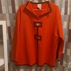 NWT DONNA orange & brown long sleeve blouse w brown collar cuffs & hem Size  OS